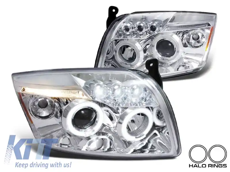 Set de faruri tuning cu ochi de înger potrivit pentru Dodge Caliber 2006-2012 cu bază cromată, stânga și dreapta