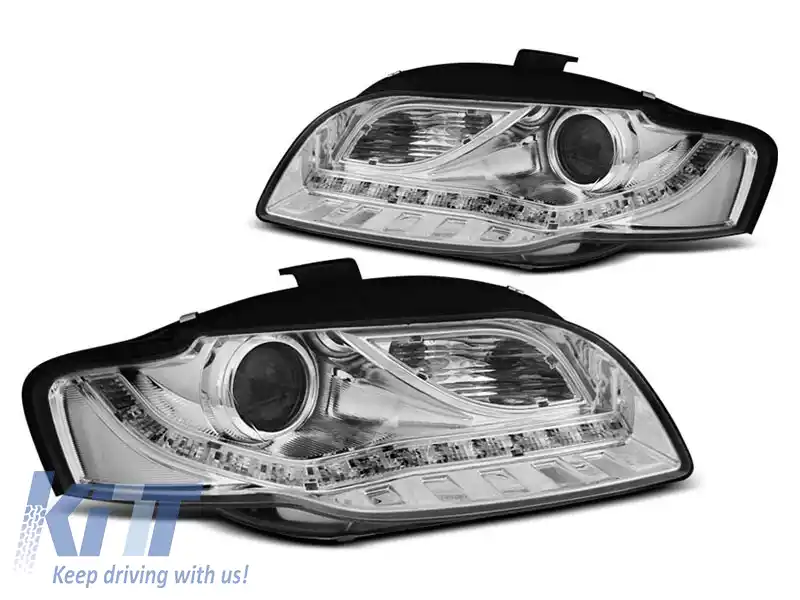 Set de faruri tuning potrivit pentru Audi A4 B7 2004-2008 cu bază cromată, stânga și dreapta