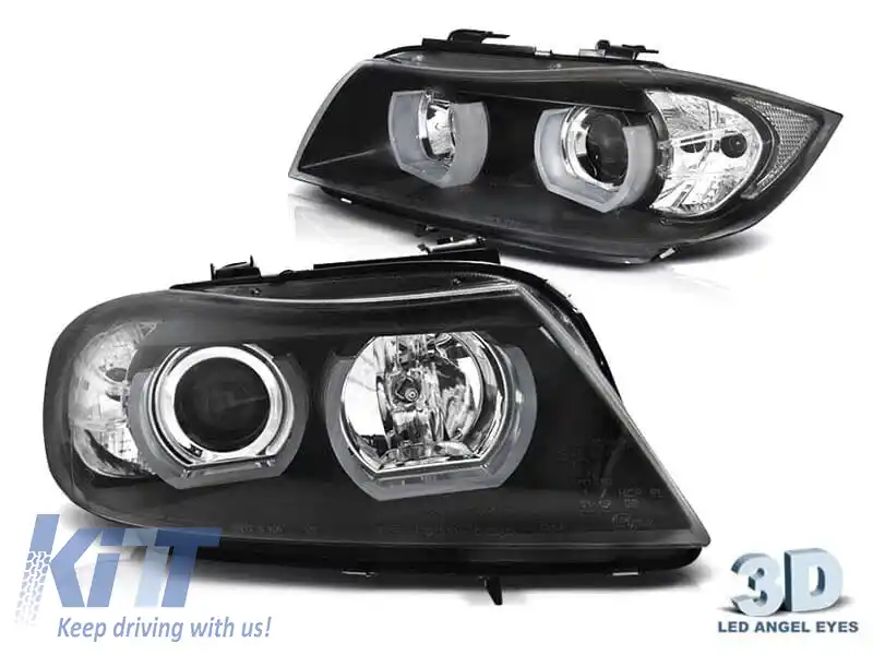 Set de faruri tuning potrivit pentru BMW Seria 3 E90, E91 2005-2008 cu bază neagră, stânga și dreapta