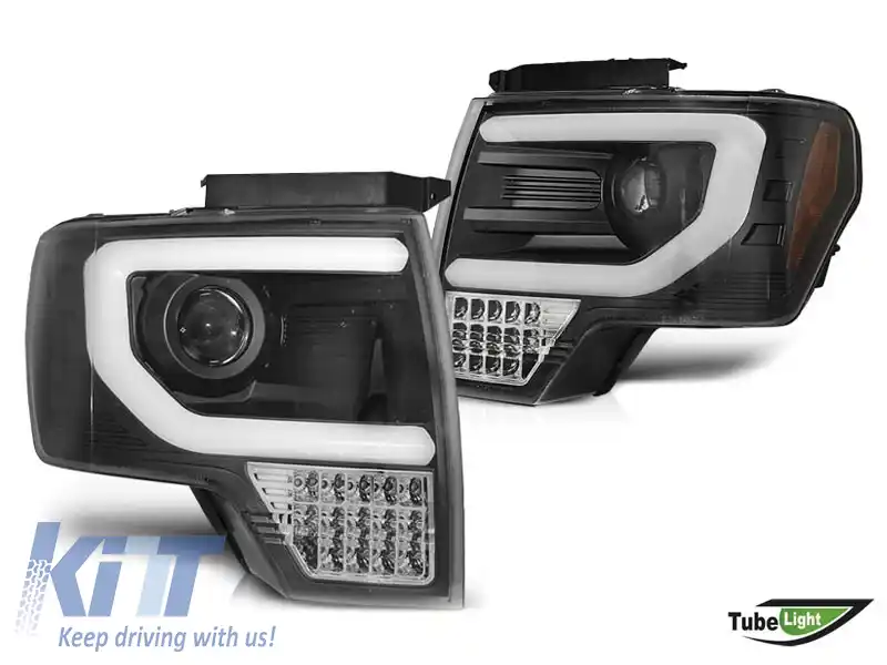 Set de faruri tuning potrivit pentru Ford F150 2008-2014 cu bază neagră, stânga și dreapta