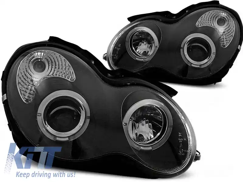 image-30-Set de faruri tuning potrivit pentru Mercedes C-Class W203 2000-2004, cu bază neagră, stânga și dreapta