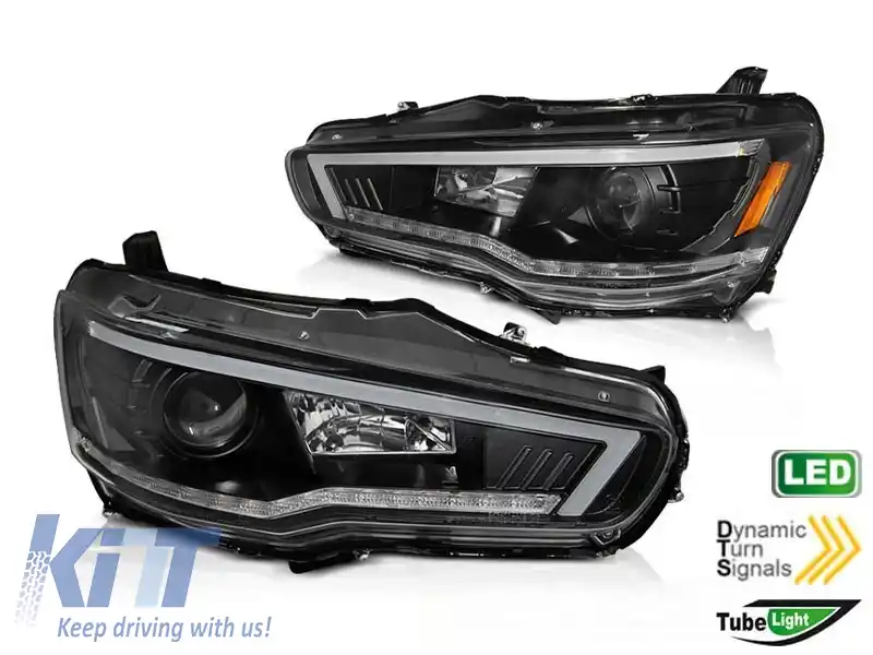 Set de faruri tuning potrivit pentru Mitsubishi Lancer 2008-2016 bază neagră cu semnal de întoarcere dinamic, stânga și dreapta