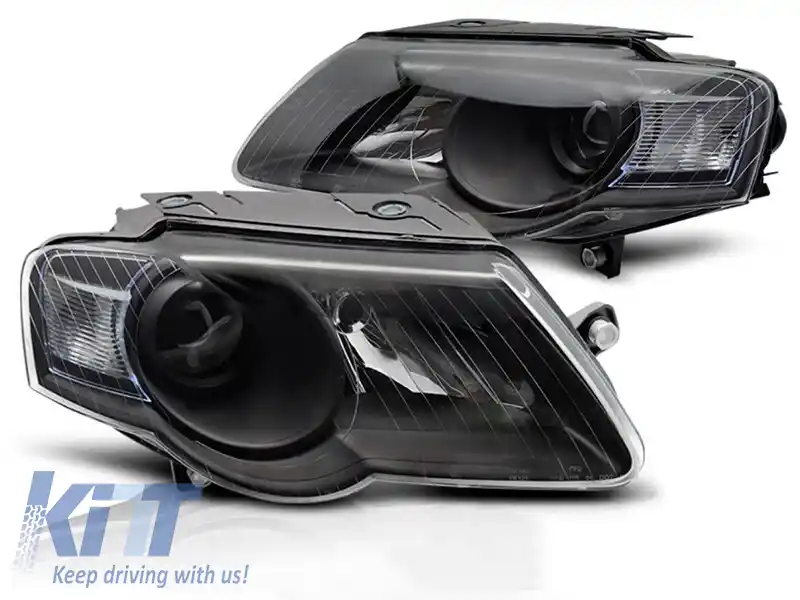 Set de faruri tuning potrivit pentru Volkswagen Passat B6 2005-2010 cu bază neagră, stânga și dreapta
