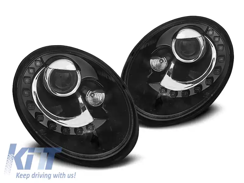 Set de faruri tuning potrivit pentru VW New Beetle 2006-2012 bază neagră, stânga și dreapta