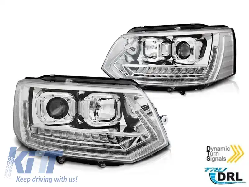 Set de faruri tuning potrivit pentru VW T5 2010-2015 cu bază cromată, stânga și dreapta
