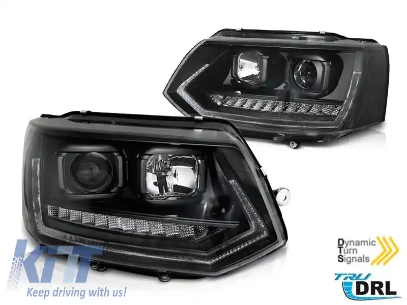 Set de faruri tuning potrivit pentru VW T5 2010-2015 cu bază cromată, stânga și dreapta