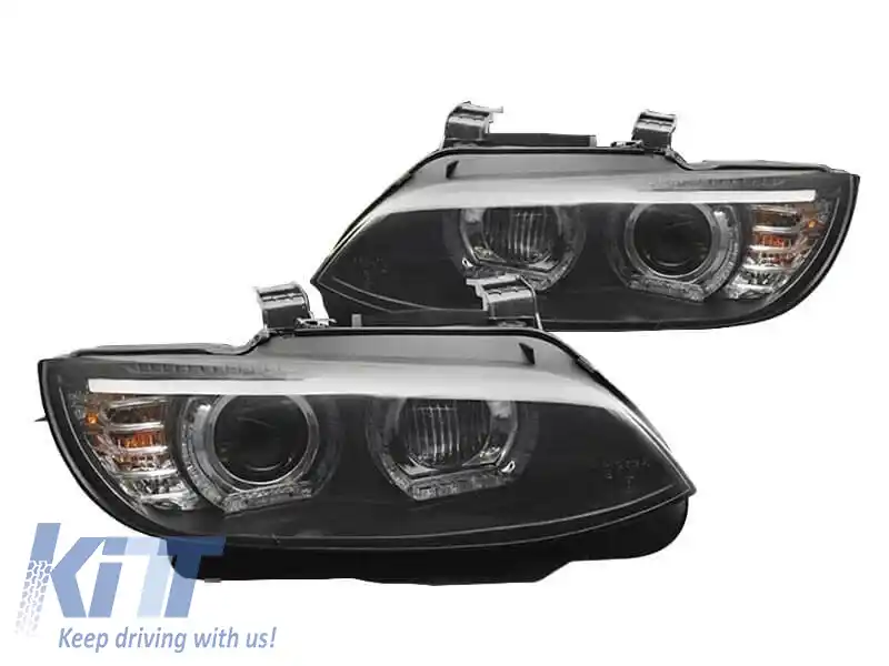 Set de faruri xenon potrivit pentru BMW Seria 3 E92 coupe, E93 cabrio 2006-2010 cu bază neagră, pentru modelele cu lumini DRL din fabrică, fără AFS, stânga și dreapta