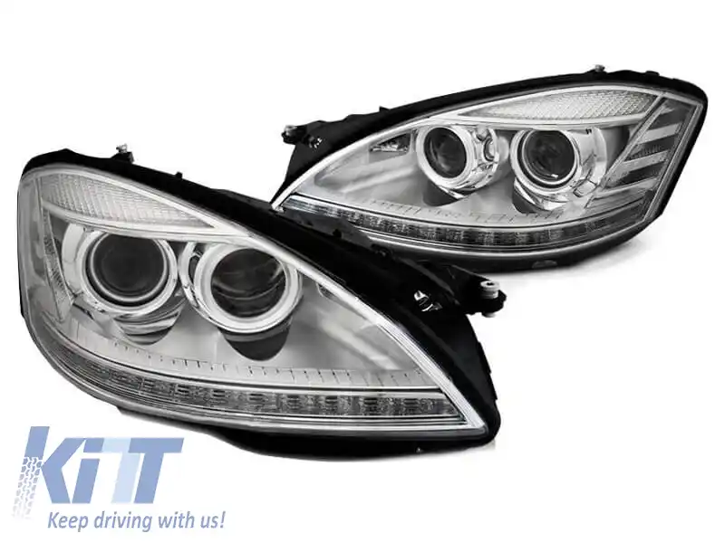 Set de faruri xenon potrivit pentru Mercedes S-Class W221 2005-2009 cu bază cromată, stânga și dreapta