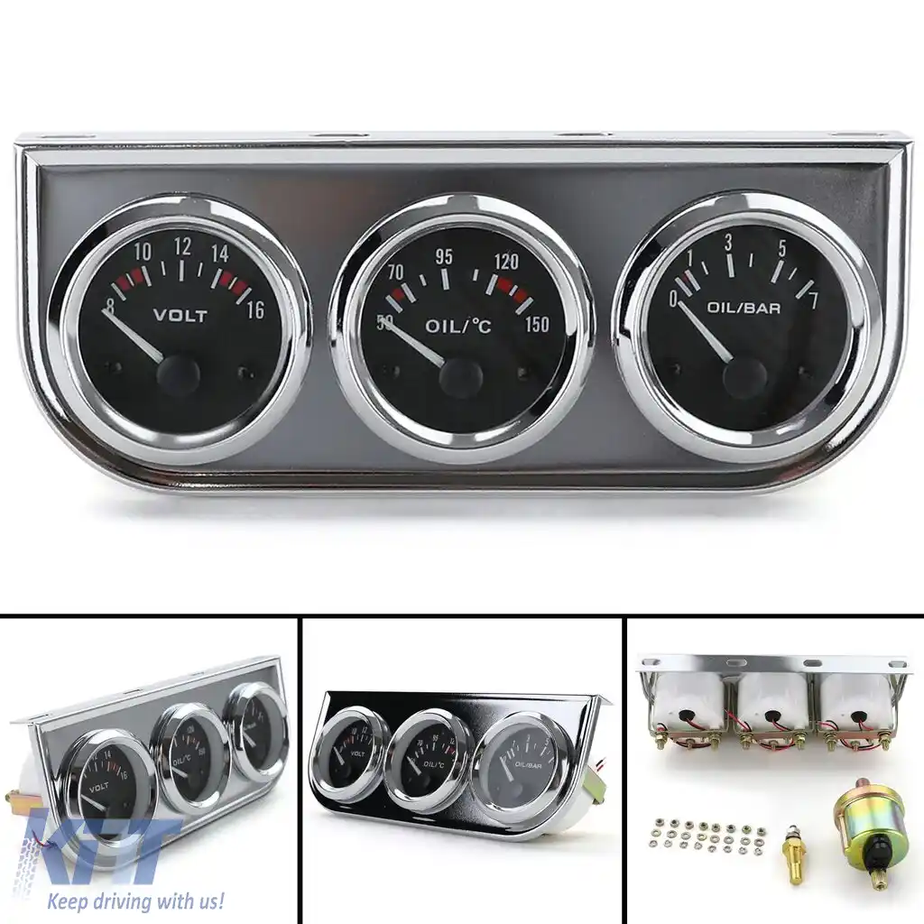 Set de instrumente suplimentare 3 piese temperatură ulei voltaj presiune ulei 52mm retro chrome youngtimer-image-6197613