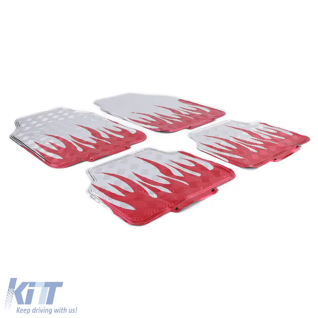 Set de mochete auto universale aspect tablă cu carouri din aluminiu flăcări 4 piese crom roșu-image-6195980