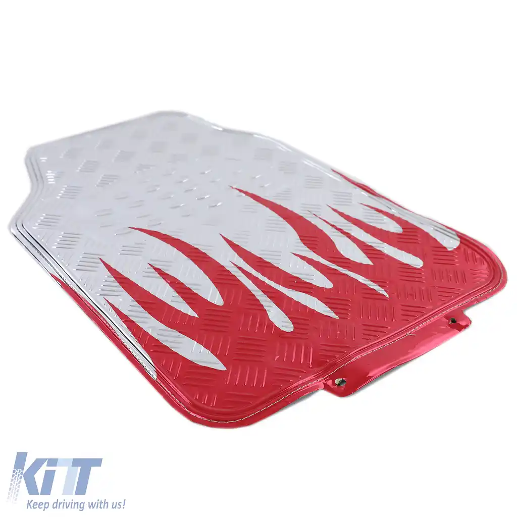 Set de mochete auto universale aspect tablă cu carouri din aluminiu flăcări 4 piese crom roșu-image-6195981