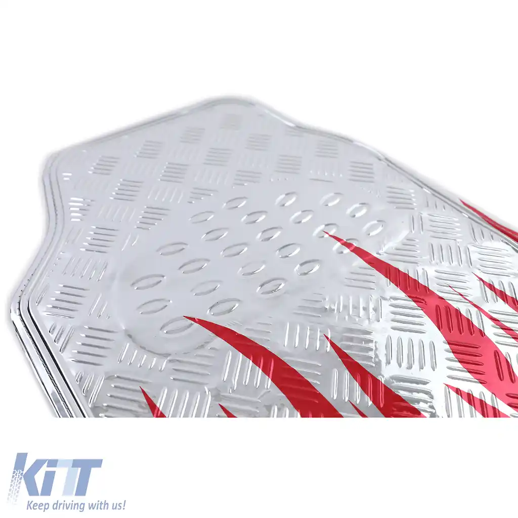 Set de mochete auto universale aspect tablă cu carouri din aluminiu flăcări 4 piese crom roșu-image-6195982