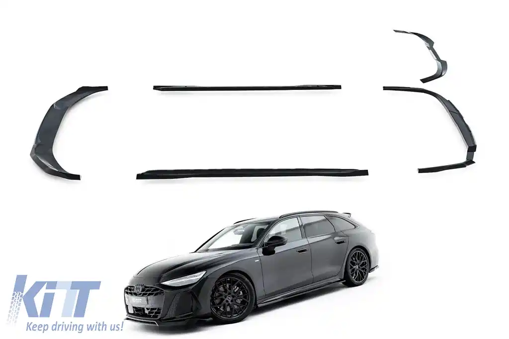 Set de spoilere tip S-Line versiunea 1 Maxton Design, potrivit pentru praguri laterale, bara frontală, bara spate și acoperișul Audi A6 S-Line C9 Avant după 2025, negru lucios