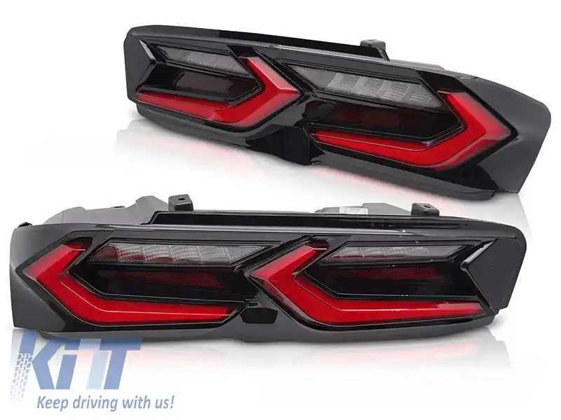Set de stopuri LED de tuning potrivit pentru Chevrolet Camaro 2019-2023, cu semnalizator dinamic, bază negru-roșie, stânga și dreapta