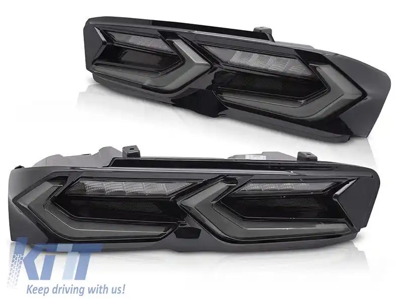 Set de stopuri LED de tuning potrivit pentru Chevrolet Camaro 2019-2023, cu semnalizator dinamic, bază fumurie neagră, stânga și dreapta