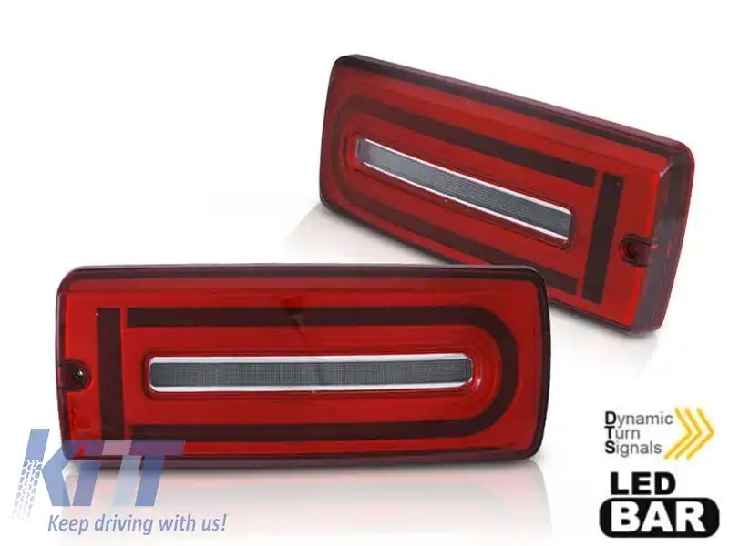 Set de stopuri LED de tuning potrivit pentru Mercedes G-Class W463 1990-2018 cu bază roșu-alb, cu semnalizare dinamică, stânga și dreapta