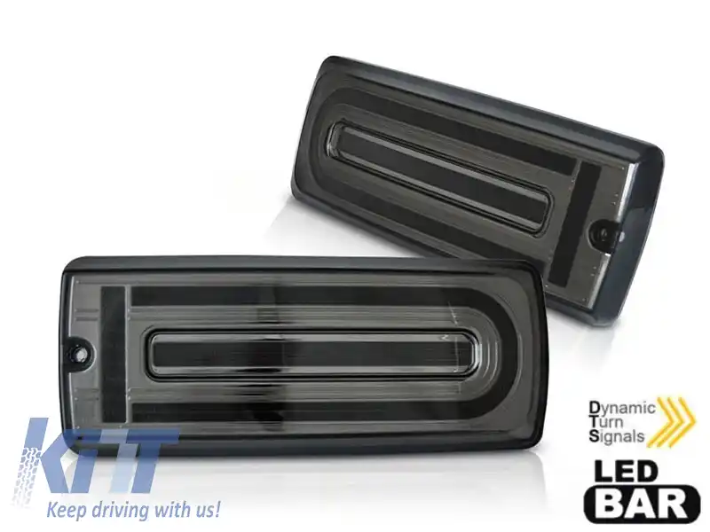 Set de stopuri LED de tuning potrivit pentru Mercedes G-Class W463 1990-2018 cu bază fumurie, cu semnalizare dinamică, stânga și dreapta