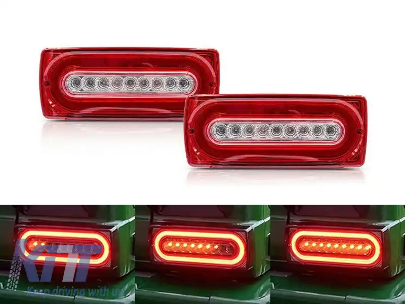 Set de stopuri LED dinamice de tuning potrivit pentru Mercedes G-Class W463 1999-2018 cu bază roșie/albă, stânga și dreapta