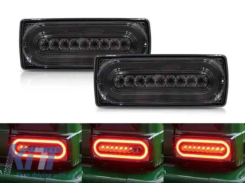 Set de stopuri LED dinamice de tuning potrivit pentru Mercedes G-Class W463 1999-2018 cu bază fumurie, stânga și dreapta