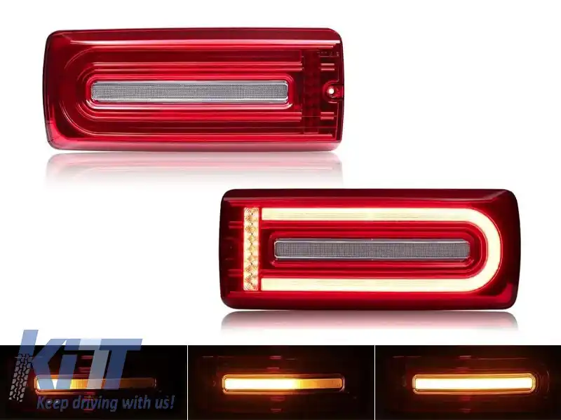 Set de stopuri LED dinamice de tuning potrivit pentru Mercedes G-Class W463 1999-2018 cu bază roșie/albă, stânga și dreapta