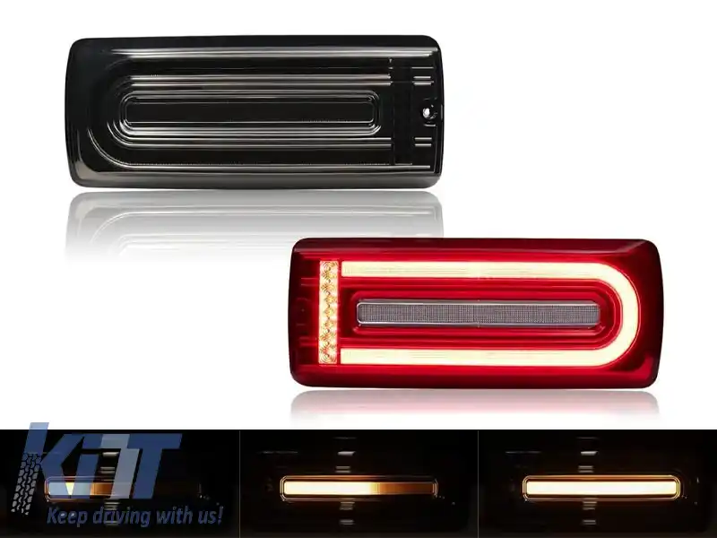 Set de stopuri LED dinamice de tuning potrivit pentru Mercedes G-Class W463 1999-2018 cu bază fumurie, stânga și dreapta