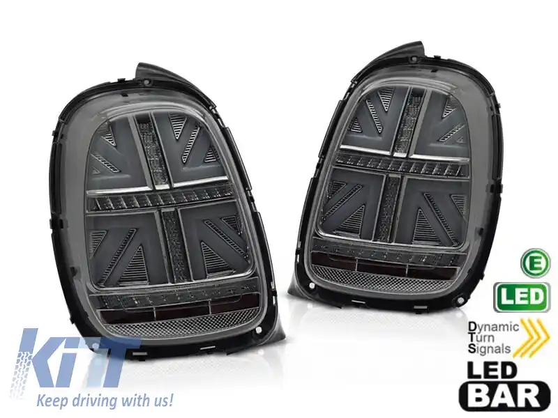 Set de stopuri LED potrivit pentru Mini Cooper F55 hatchback 5 uși 2012-2017, F56 hatchback 3 uși, F57 cabrio 2014-2017 cu bază complet fumurie, pentru conector cu 6 pini, semnalizare dinamică stânga 