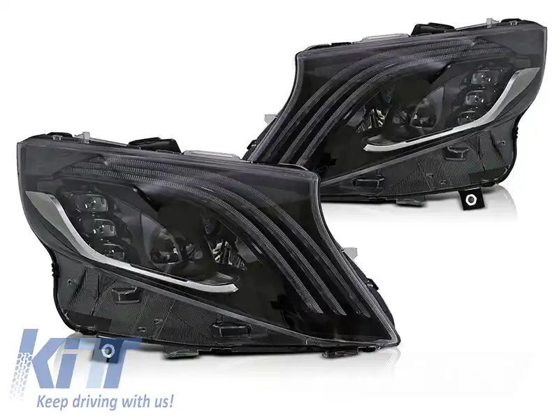 SET FARURI LED TUNING potrivit pentru MERCEDES V CLASS W447 VITO 2014-2023 cu BAZĂ NEAGRĂ, pentru modelul cu LAMPI HALOGENE DIN FABRICĂ, cu SEMNALE DE ÎNTORS DINAMICE, cu FUNCȚIE 