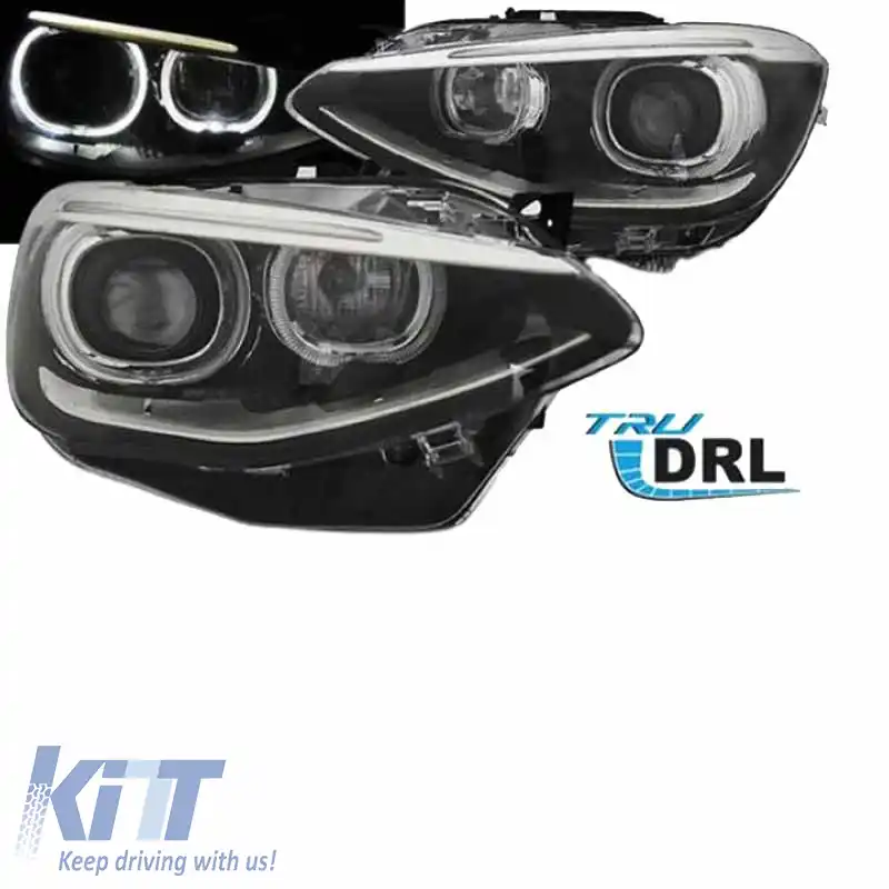 Set Faruri Potrivit pentru BMW 1 F20 / F21 11-14 LED Angel Eyes Negru H7 cu Motor Depo-image-6290281