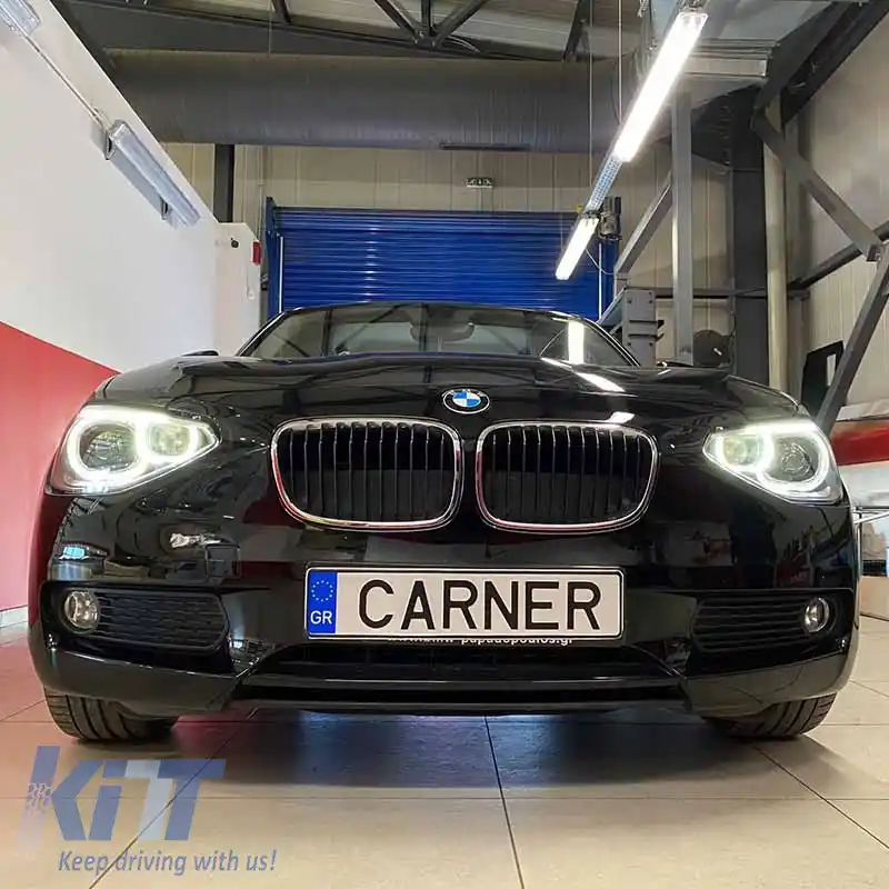 Set Faruri Potrivit pentru BMW 1 F20 / F21 11-14 LED Angel Eyes Negru H7 cu Motor Depo-image-6290282