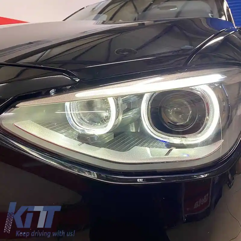Set Faruri Potrivit pentru BMW 1 F20 / F21 11-14 LED Angel Eyes Negru H7 cu Motor Depo-image-6290287