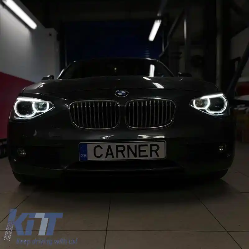 Set Faruri Potrivit pentru BMW 1 F20 / F21 11-14 LED Angel Eyes Negru H7 cu Motor Depo-image-6290290