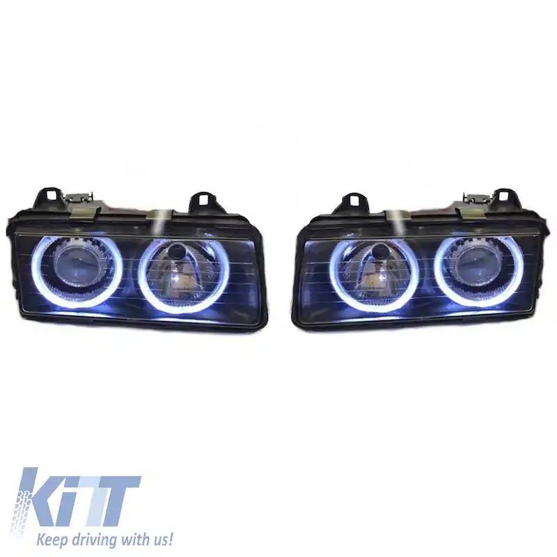 Set Faruri Potrivit pentru BMW 3 E36 Coupe / Sedan / Compact / Touring 90-99 Angel Eyes Negru H7/H7 Carner-image-6290659