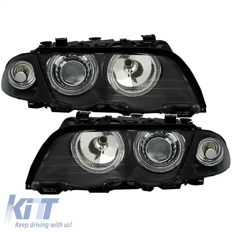 Set Faruri Potrivit pentru BMW 3 E46 Sedan/Caravan 99-01 Angel Eyes Negru H7/H7 Cu Motor Depo-image-6290090