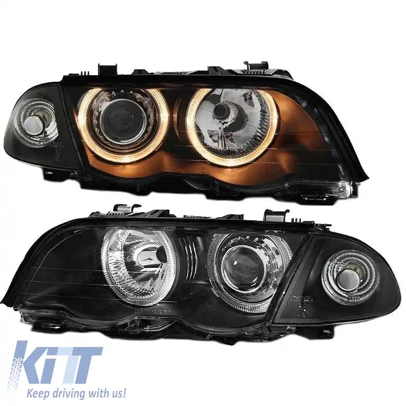 Set Faruri Potrivit pentru BMW 3 E46 Sedan/Caravan 99-01 Angel Eyes Negru H7/H7 Cu Motor Depo-image-6290091