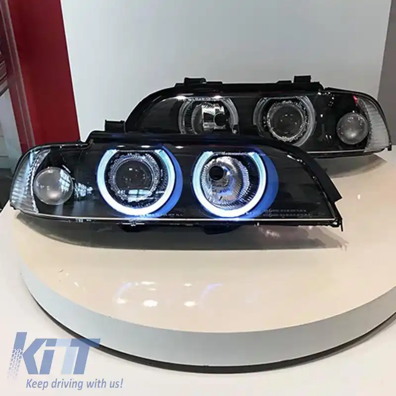 Set Faruri Potrivit pentru BMW 5 E39 95-03 Angel Eyes Facelift LCI Look Negru H7/H7 Manual Carner-image-6290651