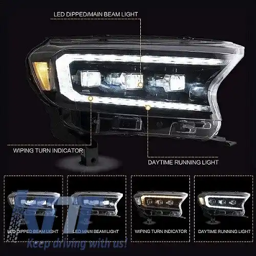 Set Faruri Potrivit pentru Ford Ranger 15-20 DRL Dynamic Start Up Negru Full Led cu Motor VLand-image-6291635