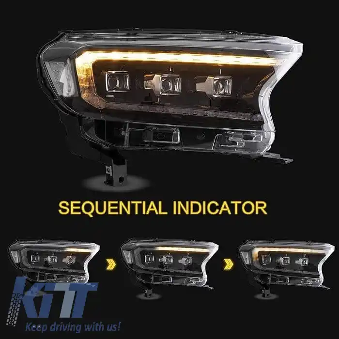 Set Faruri Potrivit pentru Ford Ranger 15-20 DRL Dynamic Start Up Negru Full Led cu Motor VLand-image-6291636
