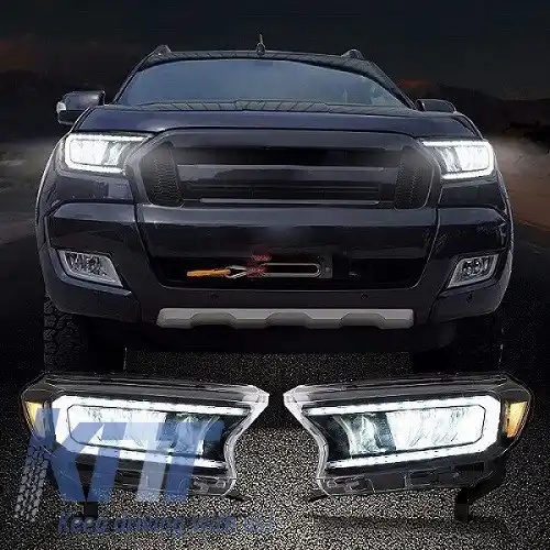 Set Faruri Potrivit pentru Ford Ranger 15-20 DRL Dinamic Negru Full Led cu Motor VLand-image-6291646