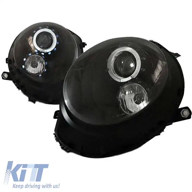 Set Faruri Potrivit pentru Mini Cooper (R55/56/57/58/59) 06-13 Ochi de Înger Negru H9 cu Motor JunYan-image-6290522