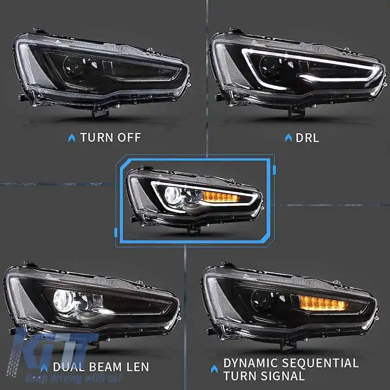 Set Faruri Potrivit pentru Mitsubishi Lancer 07-17 Tub Led DRL & Semnal Dinamic Negru/Chrom H7 Manual VLAND-image-6290685