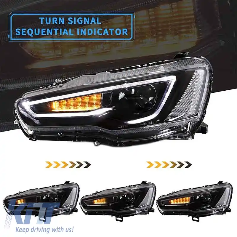 Set Faruri Potrivit pentru Mitsubishi Lancer 07-17 Tub Led DRL & Semnal Dinamic Negru/Chrom H7 Manual VLAND-image-6290686