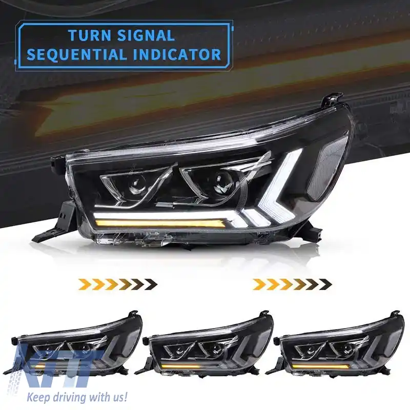 Set Faruri Potrivit pentru Toyota Hilux Revo 15-19 cu DRL Dinamic de Pornire și Semnal Negru cu Motor VLand-image-6294305