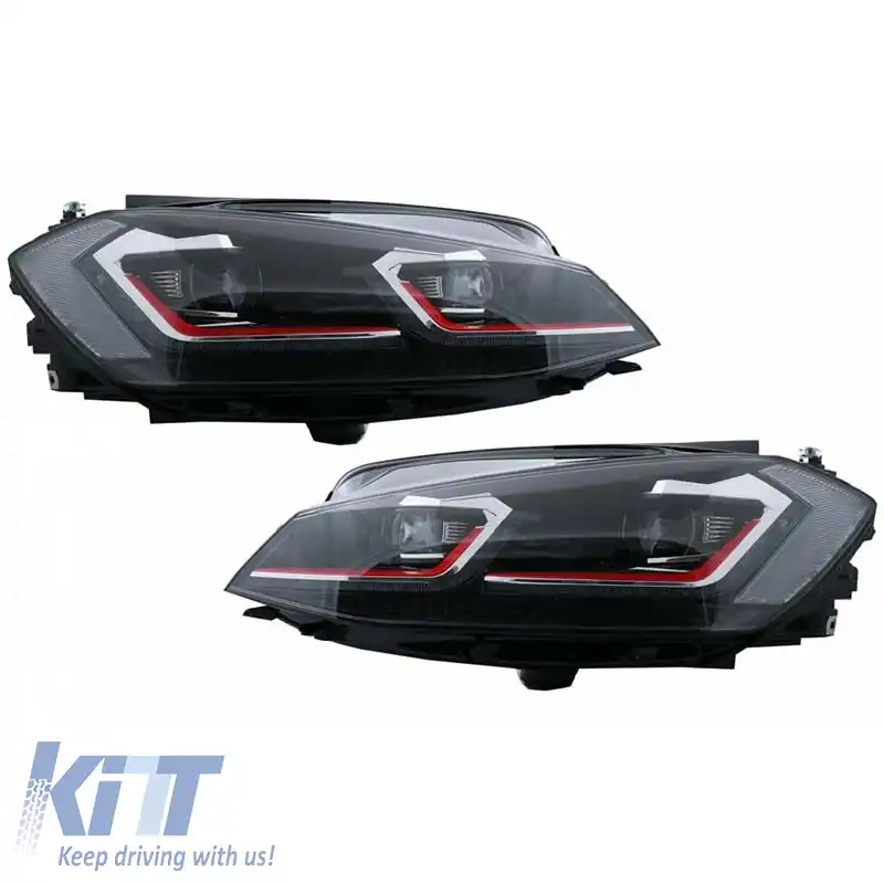 Set Faruri Potrivit pentru VW Golf 7.5 17-19 Facelift DRL & Semnal Dinamic Linie Neagră/Roșie Aspect GTI H7 Cu Transportor de Motor-image-6290668