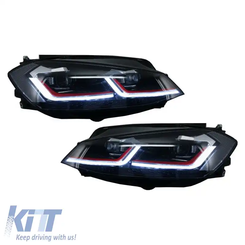 Set Faruri Potrivit pentru VW Golf 7.5 17-19 Facelift DRL & Semnal Dinamic Linie Neagră/Roșie Aspect GTI H7 Cu Transportor de Motor-image-6290671