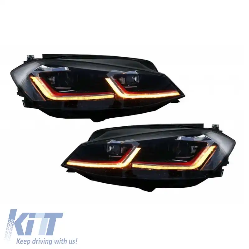 Set Faruri Potrivit pentru VW Golf 7.5 17-19 Facelift DRL & Semnal Dinamic Linie Neagră/Roșie Aspect GTI H7 Cu Transportor de Motor-image-6290672