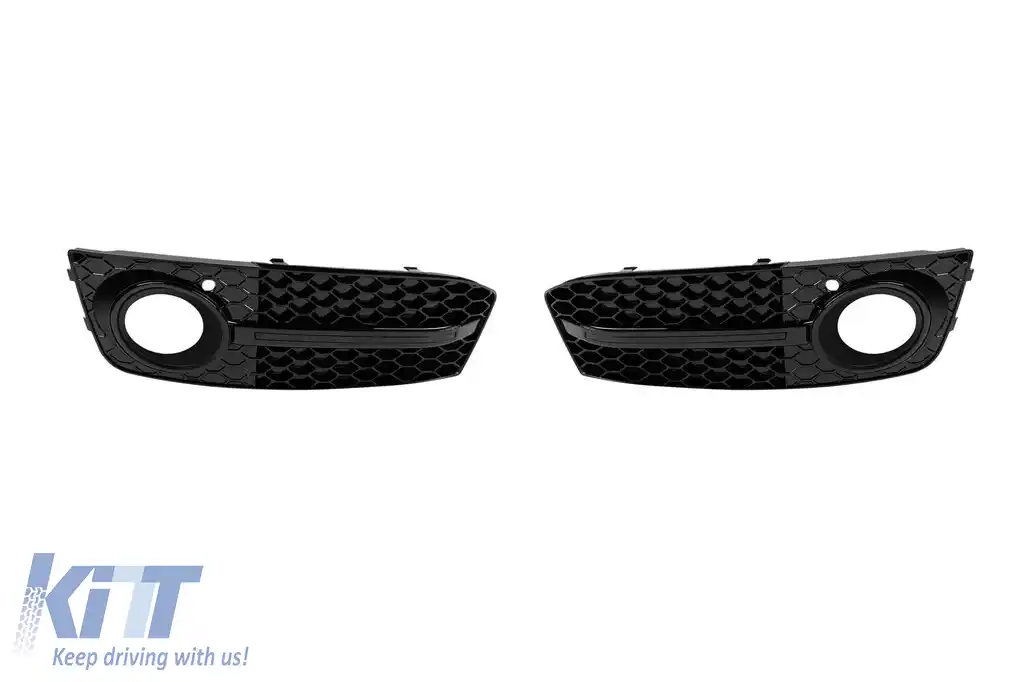 Set grilă tip RS4 în jurul farurilor de ceață potrivit pentru Audi A4 B8 sedan, break 2007-2011, lac negru