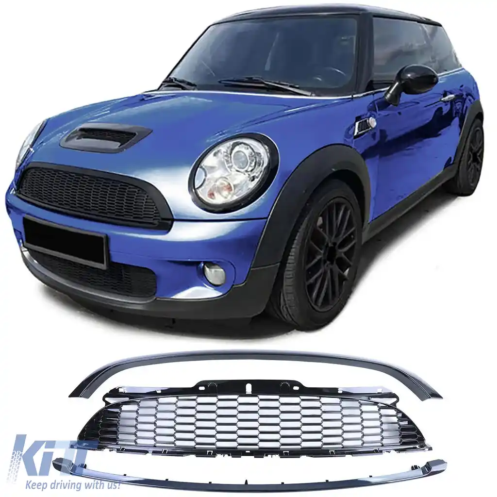 Set grilaj radiator 3 piese negru lucios, potrivit pentru Mini One Cooper JCW R56 R57 R58 R59