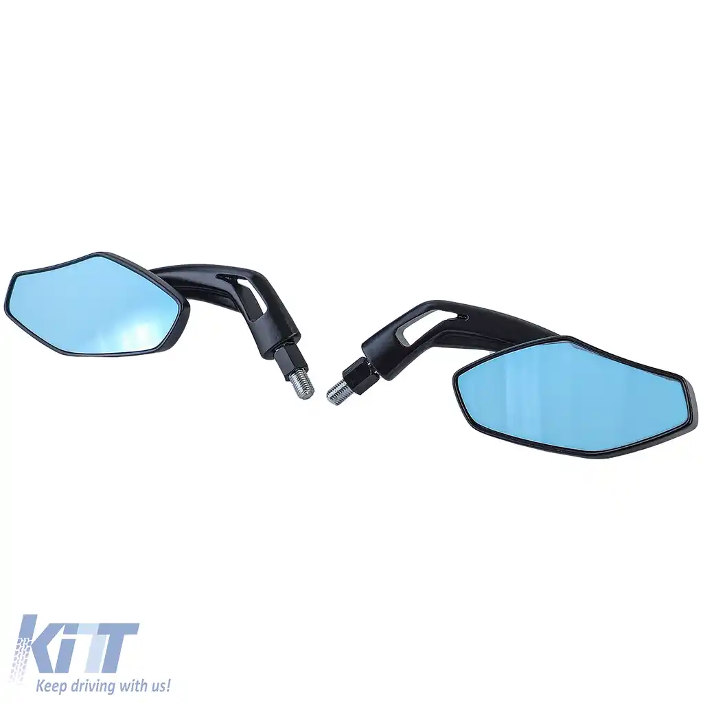 Set oglinzi universale din aluminiu pentru motocicletă stil Luca, negre cu sticlă albastră