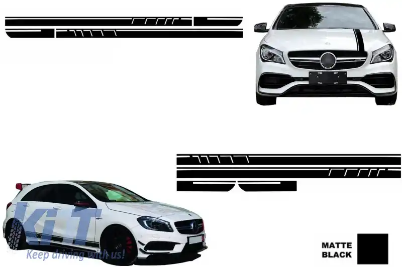 Set Stickere pentru Capota Plafon Portbagaj si Laterale Negru Mat compatibil cu Mercedes CLA W117 C117 X117 (2013-2016) W176 (2012-2018) A45 Design