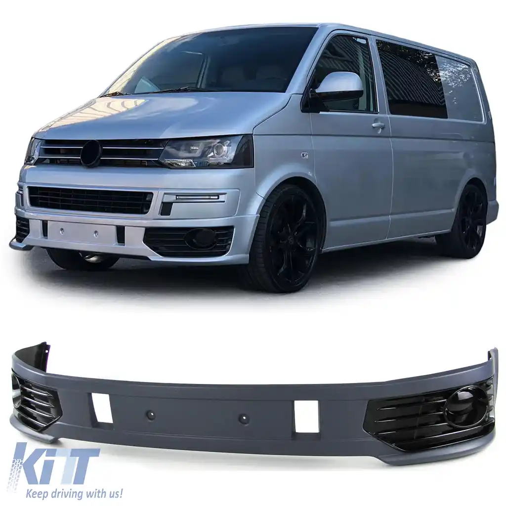 Spoiler bumper Sportline + grilaj pentru lumini de ceață lucios, potrivit pentru VW T5.2 09-15
